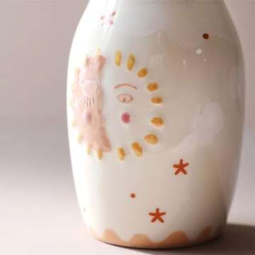 MOUGIGI Unique Ceramic Vase, Cute Boho Decor, Small Cream Vase for Dried Flowers or Single Bud - Sun and Moon Face Design