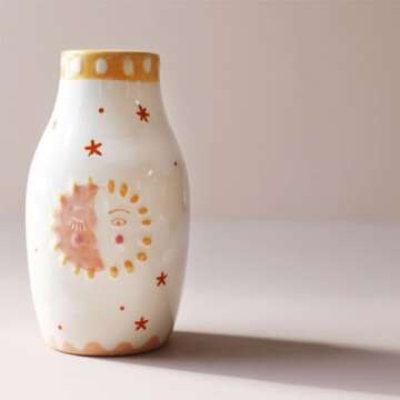 MOUGIGI Unique Ceramic Vase, Cute Boho Decor, Small Cream Vase for Dried Flowers or Single Bud - Sun and Moon Face Design