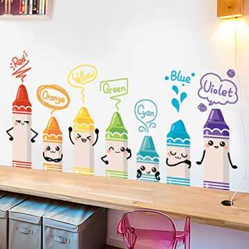 Crayon Color Wall Decals for Kids Rooms - Cartoon Wall Stickers for Baby Bedroom Wardrobe Door Decor DIY Mural Decals Color Recognition Educatione Nursery Playroom Decoration Wall Stickers