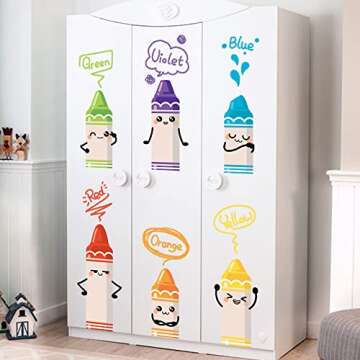 Crayon Color Wall Decals for Kids Rooms - Cartoon Wall Stickers for Baby Bedroom Wardrobe Door Decor DIY Mural Decals Color Recognition Educatione Nursery Playroom Decoration Wall Stickers