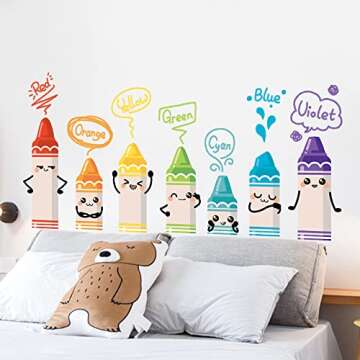 Crayon Color Wall Decals for Kids Rooms - Cartoon Wall Stickers for Baby Bedroom Wardrobe Door Decor DIY Mural Decals Color Recognition Educatione Nursery Playroom Decoration Wall Stickers