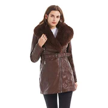 GRAN ORIENTE Brown Faux Leather Jacket for Women with Faux Fur Collar Long Sleeve Parka with Pockets Warm Winter Parka Coat with Belt Plus Size Outerwear GK027-Brown-M