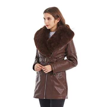 GRAN ORIENTE Brown Faux Leather Jacket for Women with Faux Fur Collar Long Sleeve Parka with Pockets Warm Winter Parka Coat with Belt Plus Size Outerwear GK027-Brown-M