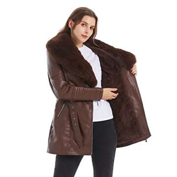 GRAN ORIENTE Brown Faux Leather Jacket for Women with Faux Fur Collar Long Sleeve Parka with Pockets Warm Winter Parka Coat with Belt Plus Size Outerwear GK027-Brown-M