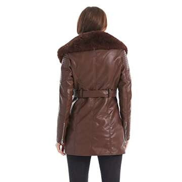 GRAN ORIENTE Brown Faux Leather Jacket for Women with Faux Fur Collar Long Sleeve Parka with Pockets Warm Winter Parka Coat with Belt Plus Size Outerwear GK027-Brown-M