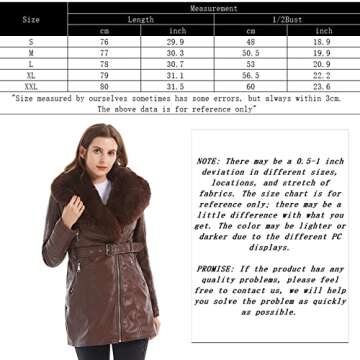 GRAN ORIENTE Brown Faux Leather Jacket for Women with Faux Fur Collar Long Sleeve Parka with Pockets Warm Winter Parka Coat with Belt Plus Size Outerwear GK027-Brown-M