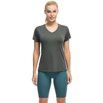 icyzone Workout Shirts Yoga Tops Activewear V-Neck T-Shirts for Women Running Fitness Sports Short Sleeve Tees (Dark Grey/True Navy/Aqua, M)