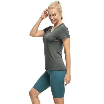 icyzone Workout Shirts Yoga Tops Activewear V-Neck T-Shirts for Women Running Fitness Sports Short Sleeve Tees (Dark Grey/True Navy/Aqua, M)