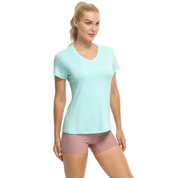 icyzone Workout Shirts Yoga Tops Activewear V-Neck T-Shirts for Women Running Fitness Sports Short Sleeve Tees (Dark Grey/True Navy/Aqua, M)