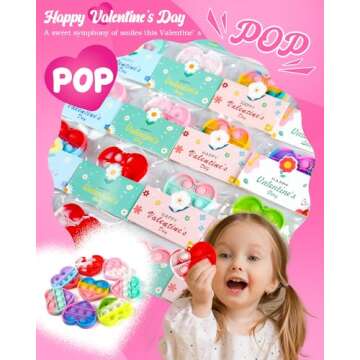 32 Pack Valentine's Day Heart-Shaped Pop Fidget Toys for Kids, Classroom Bulk Gifts with Keychains & Cards, Perfect for School Party & Class Exchanges