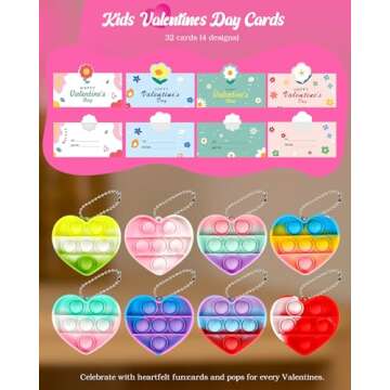 32 Pack Valentine's Day Heart-Shaped Pop Fidget Toys for Kids, Classroom Bulk Gifts with Keychains & Cards, Perfect for School Party & Class Exchanges