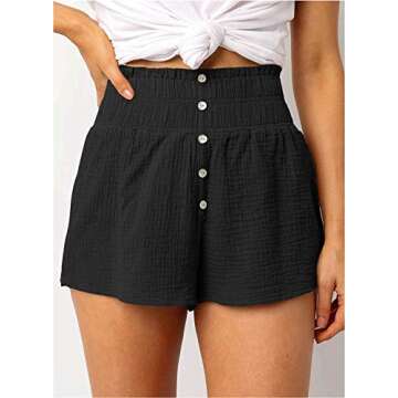 Dokotoo Womens Ladies Casual Soft High Waisted Linen Shorts for Women Trendy for Summer Comfy Elastic Waist Summer Beach Cruise Travel Resort Wear Vacation Outfits Short Pants Solid Black Small