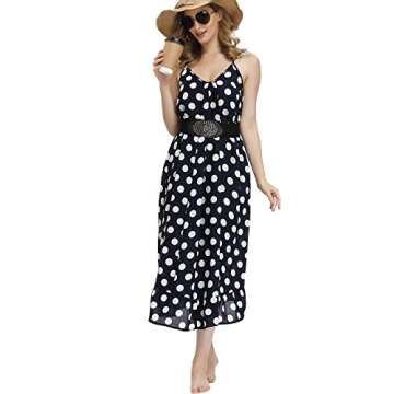 BUENOS NINOS Women's V Neck Floral Maxi Dress Boho Printed Adjustable Spaghetti Strap Ethnic Beach Long Dress with Pockets M Navy Polka dot Dress