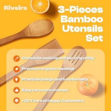 Riveira Dark Bamboo Wooden Spoons for Cooking 3-Piece, Apartment Essentials Wood Spatula Spoon Nonstick Kitchen Utensil Set Premium Quality Housewarming Gifts for Everyday Use