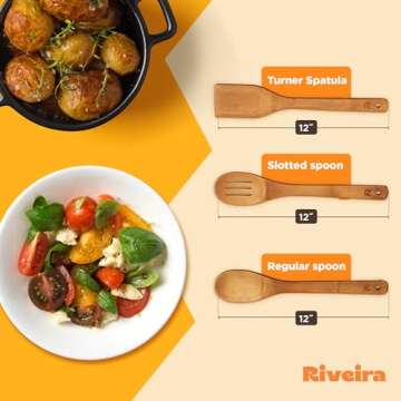 Riveira Dark Bamboo Wooden Spoons for Cooking 3-Piece, Apartment Essentials Wood Spatula Spoon Nonstick Kitchen Utensil Set Premium Quality Housewarming Gifts for Everyday Use