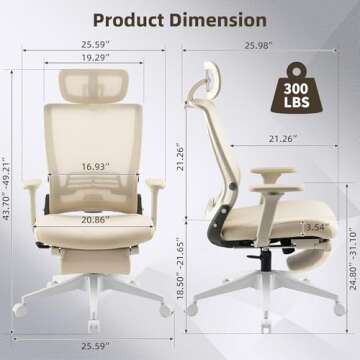 Foldable Office Chair with Foot Rest, Ergonomic Office Chair with Adjustable Lumbar Support, Headrest, Armrest, High Back Mesh Chair, Home Office Desk Chair for Space Saving, Cream