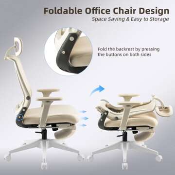 Foldable Office Chair with Foot Rest, Ergonomic Office Chair with Adjustable Lumbar Support, Headrest, Armrest, High Back Mesh Chair, Home Office Desk Chair for Space Saving, Cream