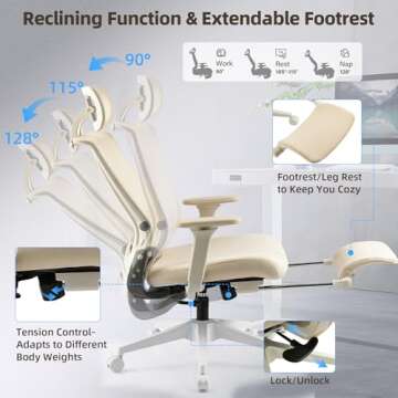 Foldable Office Chair with Foot Rest, Ergonomic Office Chair with Adjustable Lumbar Support, Headrest, Armrest, High Back Mesh Chair, Home Office Desk Chair for Space Saving, Cream