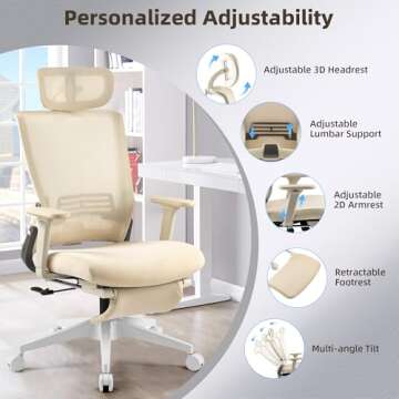 Foldable Office Chair with Foot Rest, Ergonomic Office Chair with Adjustable Lumbar Support, Headrest, Armrest, High Back Mesh Chair, Home Office Desk Chair for Space Saving, Cream