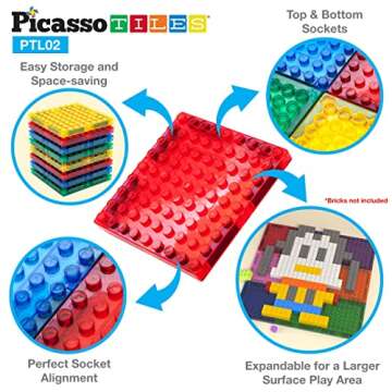 PicassoTiles Magnetic Brick Tiles STEM Creative Magnetic Tiles Building Block Set Building Brick Construction Toy Socket Spikes Toys Accessory Educational Imaginative Learning Kit Stacking Set