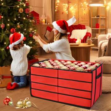 Mrrihand Christmas Ornament Storage Box, Christmas Storage Containers with 8 Individual Trays, Keeps 128 Holiday Ornaments 3-Inch, Dual Zipper, Adjustable Dividers, 600D Tear-Resistant Oxford(Red)