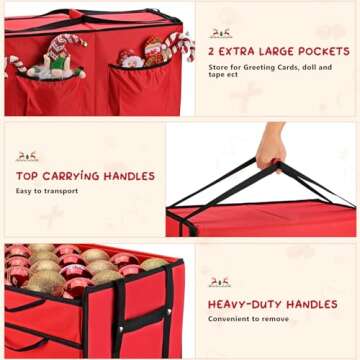 Mrrihand Christmas Ornament Storage Box, Christmas Storage Containers with 8 Individual Trays, Keeps 128 Holiday Ornaments 3-Inch, Dual Zipper, Adjustable Dividers, 600D Tear-Resistant Oxford(Red)