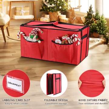 Mrrihand Christmas Ornament Storage Box, Christmas Storage Containers with 8 Individual Trays, Keeps 128 Holiday Ornaments 3-Inch, Dual Zipper, Adjustable Dividers, 600D Tear-Resistant Oxford(Red)