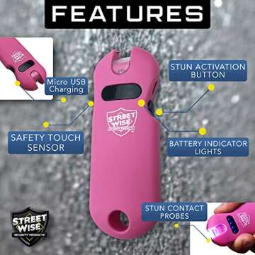 Streetwise Smart 24,000,000 Mini Stun Gun Keychain with Quick-Release, Rechargeable LED Flashlight – Self Defense Stun Gun for Women – Touch-Sensing Safety, Portable Personal Protection (Pink)