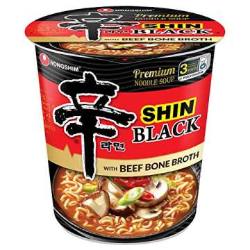 Nongshim Premium Shin Black Instant Ramen Noodle Cup, 6 Pack, Bold & Spicy, Beef Bone Broth, Microwaveable Ramen Soup Mix