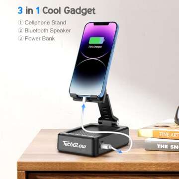 TechGlow Gifts for Men Women Foldable Cellphone Stand with Bluetooth Speaker and Power Bank Birthday Gift Idea for Mom Dad Cool Gadget Tech Gifts