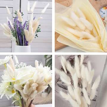 JOHOUSE 120PCS White Bunny Tails Dried Flowers, 17inch Dried Pampas Grass Decor, Bunny Tails Handpicked Bunch, Boho Flowers Home Table Decor, Fall Decor Wedding Decorations for Home