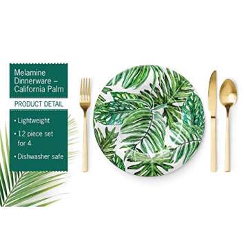 Craft & Kin Melamine Dinnerware Set, 12 Pieces, California Palm, Dishwasher Safe, Ideal for Outdoor Camping and Summer Parties