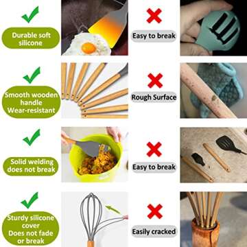 Silicone Cooking Utensil Set, 35 Pcs Kitchen Utensils by Fungun, Non-stick Heat Resistant Kitchen Gadgets Cookware with Natural Wooden Handle -(Gray)