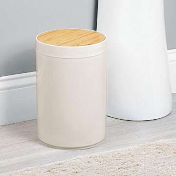 mDesign Plastic Round Trash Can Small Wastebasket - Garbage Bin Container with Swing-Close Lid - Bathroom Garbage Basket - Holds Waste, Recycling - 1.3 Gallon - Basa Collection - Cream/Beige/Natural