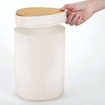 mDesign Plastic Round Trash Can Small Wastebasket - Garbage Bin Container with Swing-Close Lid - Bathroom Garbage Basket - Holds Waste, Recycling - 1.3 Gallon - Basa Collection - Cream/Beige/Natural