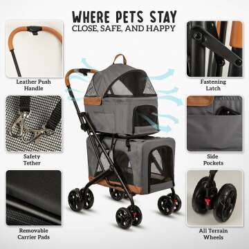 Double Pet Stroller with Detachable Carriers - Ideal for 2 Dogs or Cats - Compact & Convenient Design - Easy Assembly Double Dog Stroller - Graphite Gray