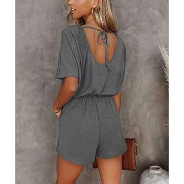 Lacozy Women 2024 Summer Short Sleeve Off The Shoulder Rompers Casual Shorts One Piece Overall Jumpsuits Dressy Grey S