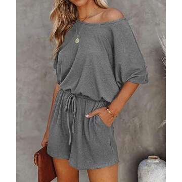 Lacozy Women 2024 Summer Short Sleeve Off The Shoulder Rompers Casual Shorts One Piece Overall Jumpsuits Dressy Grey S