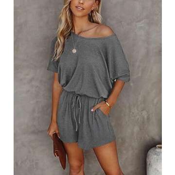 Lacozy Women 2024 Summer Short Sleeve Off The Shoulder Rompers Casual Shorts One Piece Overall Jumpsuits Dressy Grey S