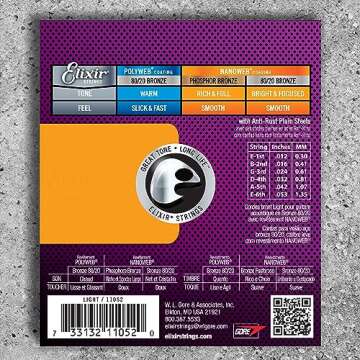 Elixir Strings, Acoustic Guitar Strings, 80/20 Bronze with NANOWEB Coating, Longest-Lasting Bright and Focused Tone with Comfortable Feel, 6 String Set, Light 12-53