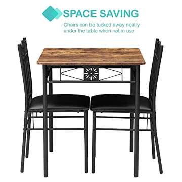 VECELO 3-Piece Dining Room Wooden Kitchen Table and Pu Cushion Chair Sets for Small Space, Retro Brown