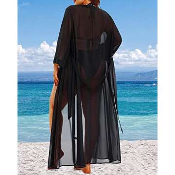 Pinup Fashion Plus Size Bathing Suit Cover Up Black Kimono Cardigans Long Tie Front Beachwear 14W-24W