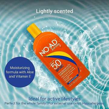 NO-AD SPF 50 SPORT Sunscreen Lotion | Hypoallergenic | Broad Spectrum UVA/UVB Protection | Water Resistant | Octinoxate & Oxybenzone Free with moisturizing Vitamin E and Aloe 16oz