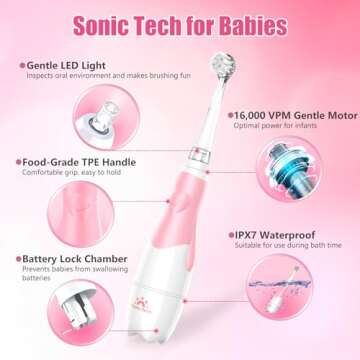 DADA-TECH Toddler Electric Toothbrush Kids Age 1-2-3 Years Old, Baby Electric Toothbrush with LED Light 2 Minutes Timer 4 Vibrating Heads for Infants Toothbrush 6 to 12 Months and Up (Pink)