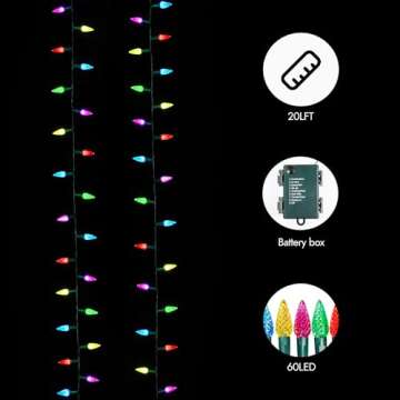 WBao C6 Christmas Lights, 60 LED 20ft Battery Operated Christmas String Lights with 8 Modes, Auto Timer, Waterproof for Indoor Outdoor Christmas Trees, Fence, Stairs Christmas Decorations, Multicolor