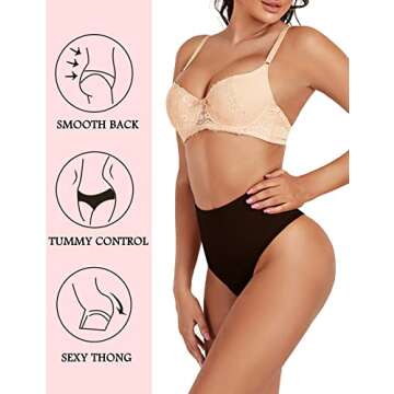 JELLYOGA Seamless Thong Shapewear for Women Tummy Control Body Shaper Panties Girdle High Waist Shaping Underwear (Black, S)