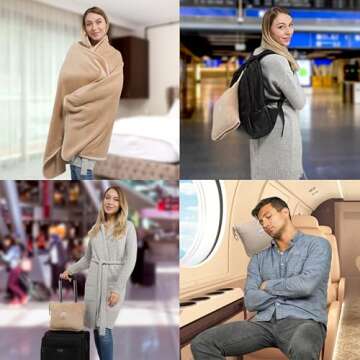 BlueHills Premium Soft Travel Blanket Pillow Airplane Blanket Packed in Soft Bag Pillowcase with Hand Luggage Belt and Backpack Clip, Compact Pack Large Blanket for Any Travel (Beige T005)