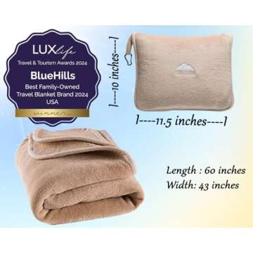 BlueHills Premium Soft Travel Blanket Pillow Airplane Blanket Packed in Soft Bag Pillowcase with Hand Luggage Belt and Backpack Clip, Compact Pack Large Blanket for Any Travel (Beige T005)