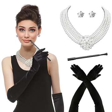 Zivyes Audrey Hepburn Holly Golightly Breakfast at Tiffanys Costume Accessory Necklace Gloves Holder