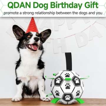 QDAN Dog Toys Soccer Ball with Straps, Interactive Dog Toys for Tug of War, Puppy Birthday Gifts, Dog Tug Toy, Dog Water Toy, Durable Dog Balls World Cup for Small & Medium Dogs（6 Inch）